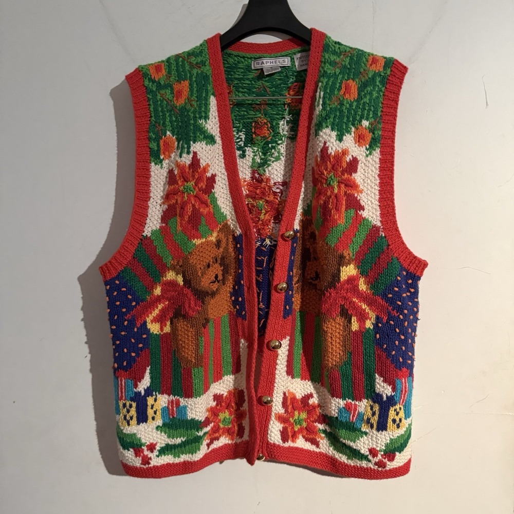 Vintage Raphels M Ugly Christmas Sweater Vest Embroidered Bears Hand Knit